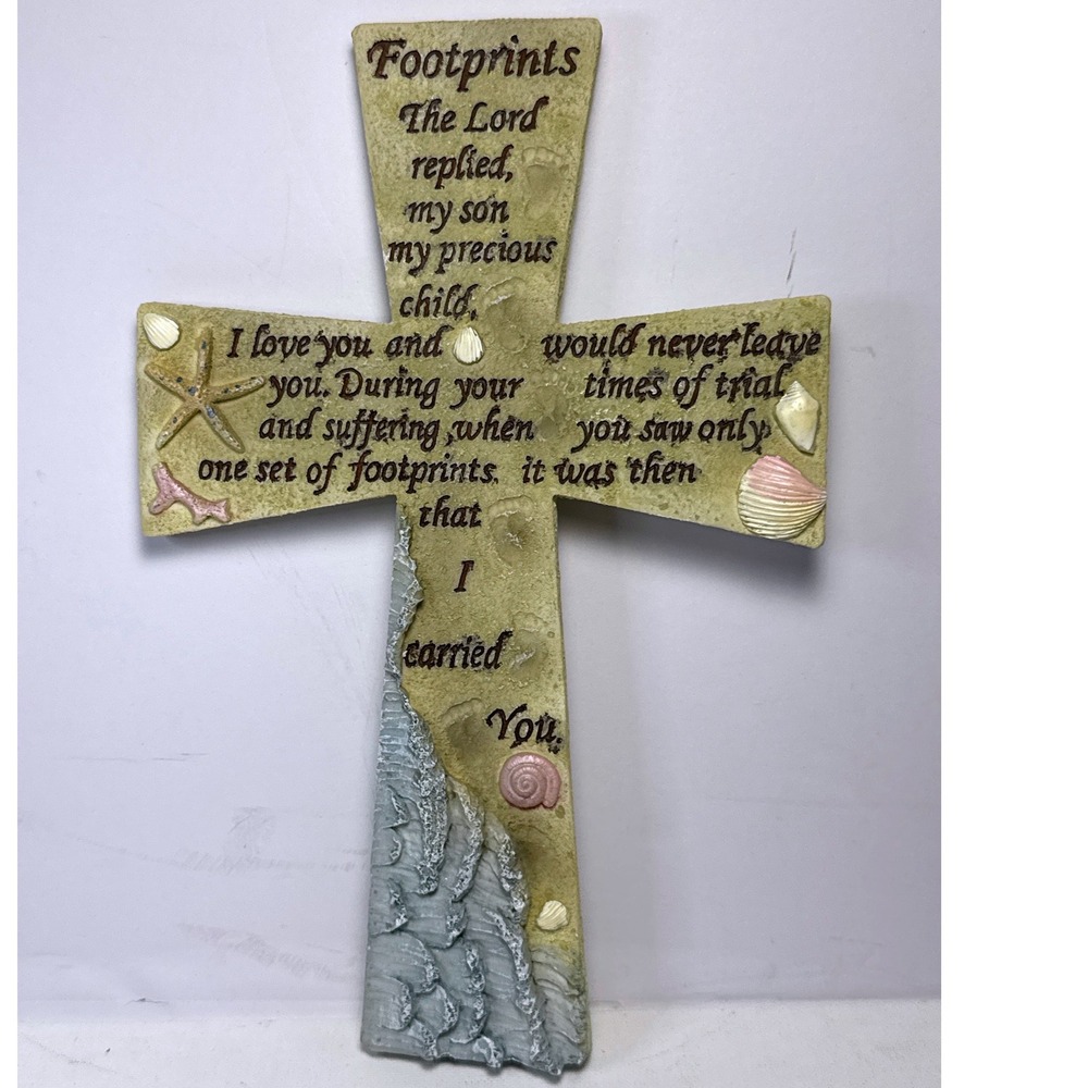 Footprints in the Sand Wall Cross Poem Seashell Coastal Religious Decor 10.5in